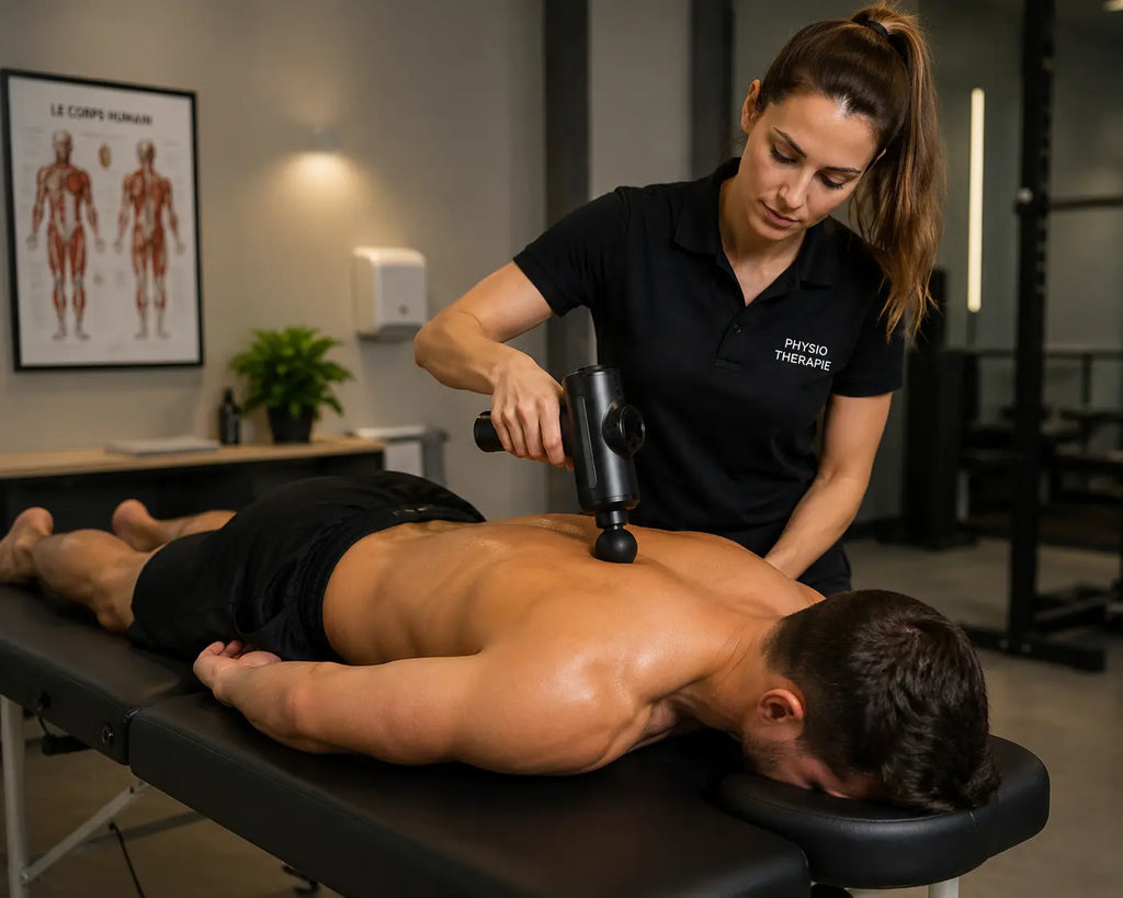 Pistolet de massage avec 8 têtes interchangeables en action