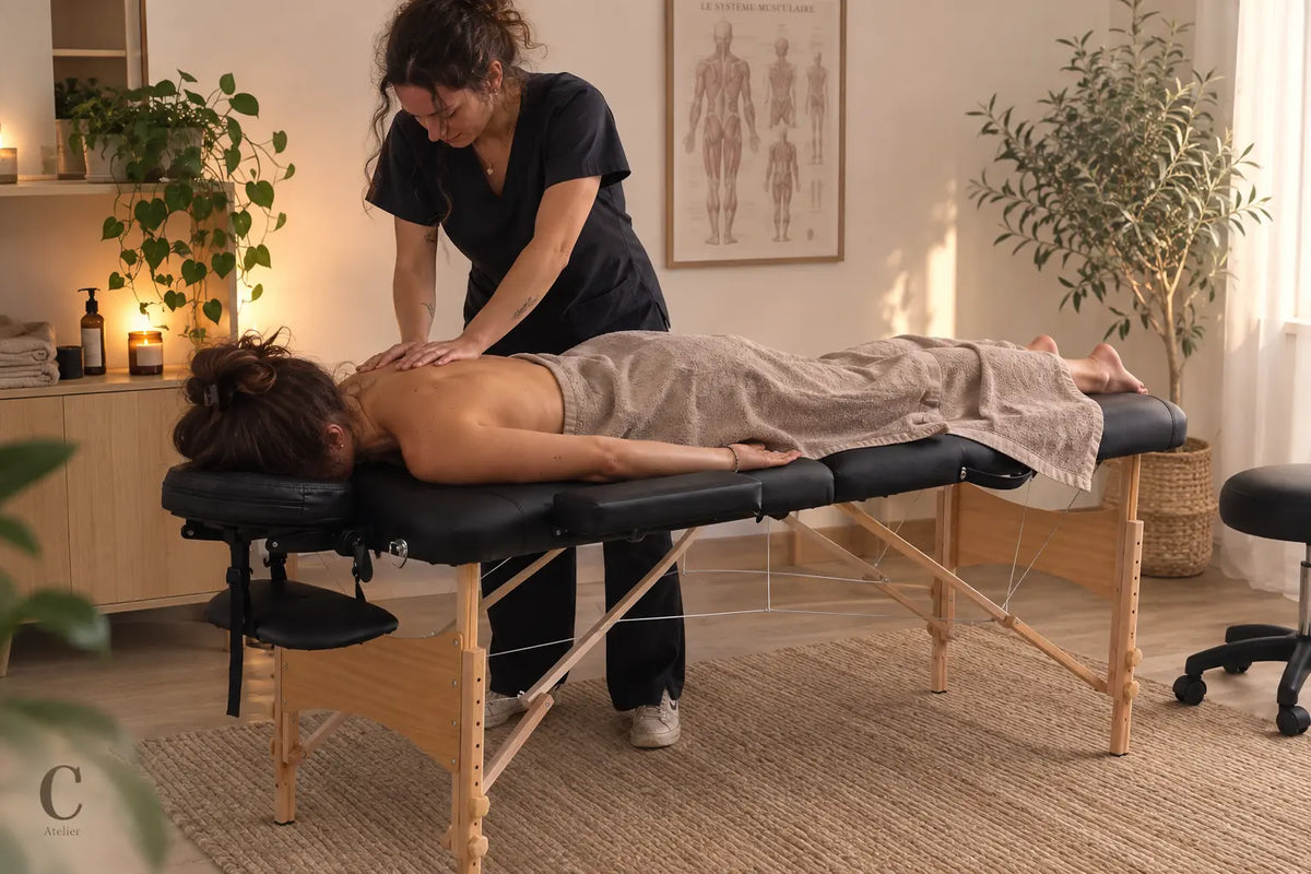 Table de massage pliante complète noire en action