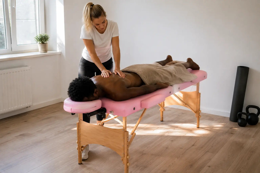 Table de massage pliante complète rose en action