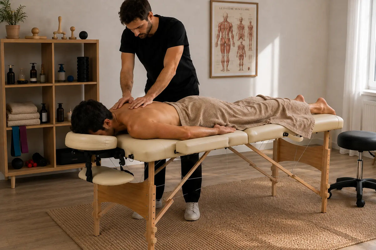 Table de massage pliante complète beige en action
